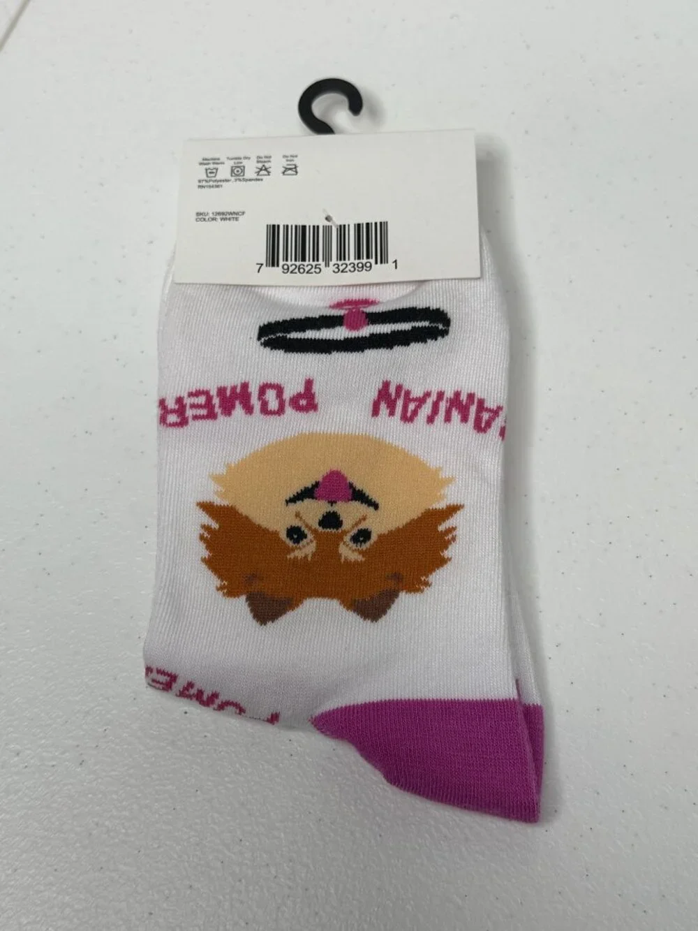Pomeranian Dog Crew Socks Womens 5-10 Cute Puppy White Pink